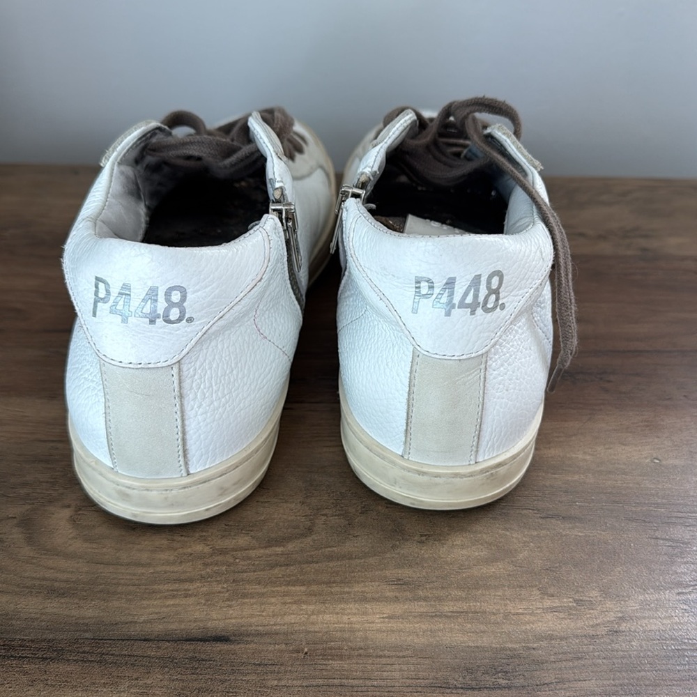 P448 Mid Top side zipper White Perforated High-Top Sneakers with Brown Laces - Picture 4 of 12
